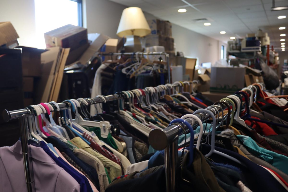 The storage room at The Kitchen is filled with donations. During the colder seasons, coats are in high need.