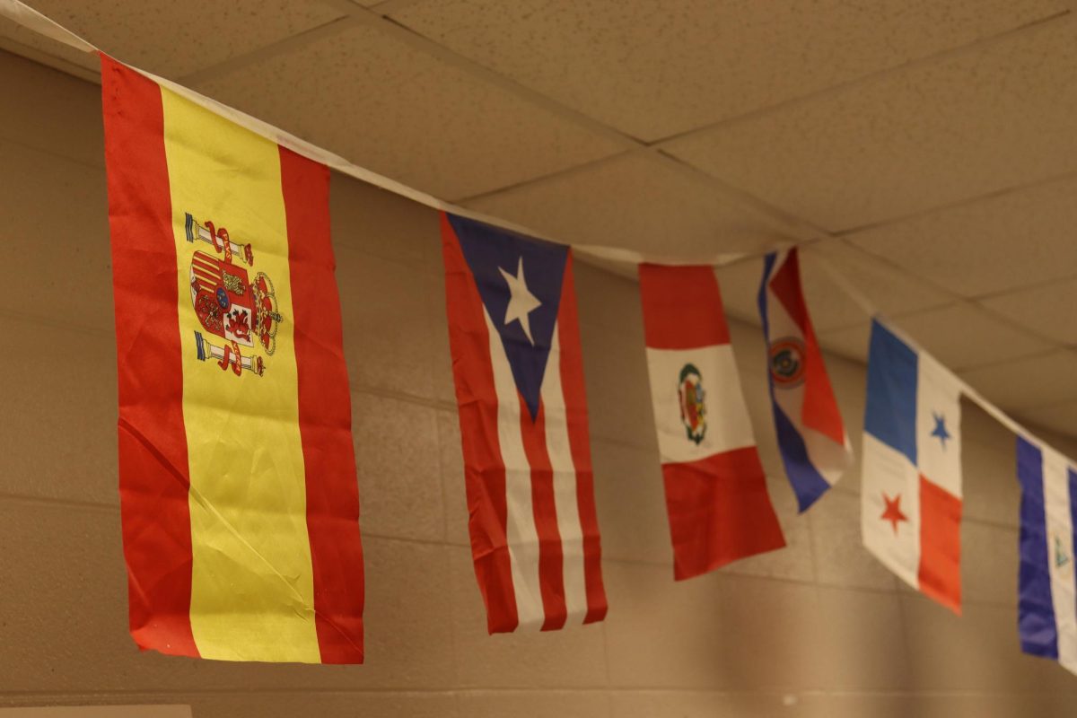 Various Hispanic flags from around the world hung in Ashley Dense's classroom