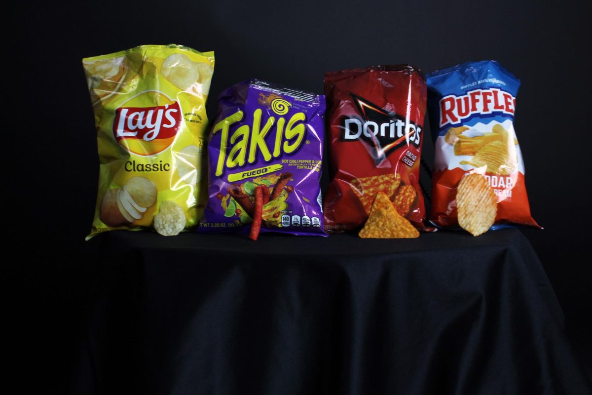 Bags of Lays, Doritos, Ruffles, and Takis with their respective chip being presented.
   
