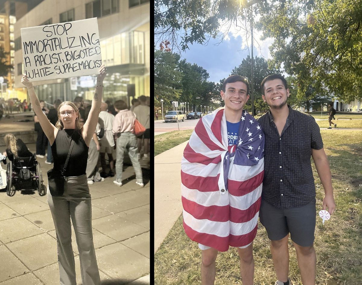 PICTURED AT LEFT: Protestor Domnique Moore was in attendance at the Missouri State Charlie Kirk Vigil. “I would encourage students to start getting involved,” Moore said. “You guys have voices as well, and I think it's important that your peers know your thoughts on these issues.”
PICTURED AT RIGHT: Freshman Thomas Mutarelli poses with his friend at the Missouri State Charlie Kirk Vigil. “Even if you don't agree with someone to the fullest, don't hate anyone,” Mutarelli said. “You know what I mean. They might have different views than you, but man, you have to love and forgive. And I think that's very important.”